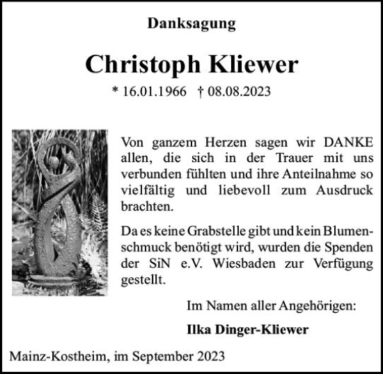 Traueranzeige von Christoph Kliewer von Allgemeine Zeitung Mainz