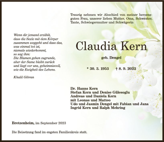 Traueranzeige von Claudia Kern von Allgemeine Zeitung Bad Kreuznach