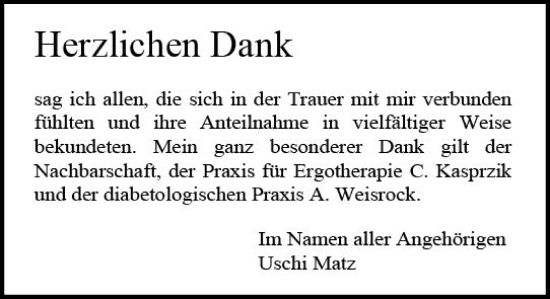 Traueranzeige von Danksagung Matz von Allgemeine Zeitung Mainz
