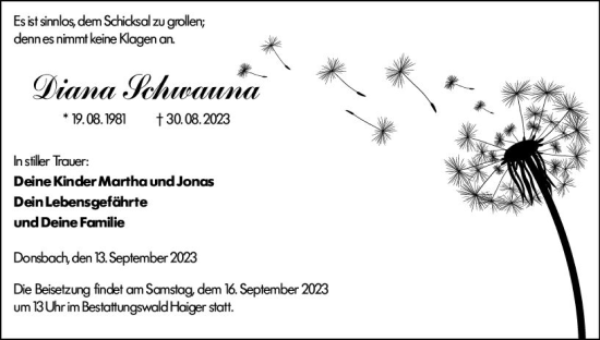 Traueranzeige von Diana Schwauna von Dill Block