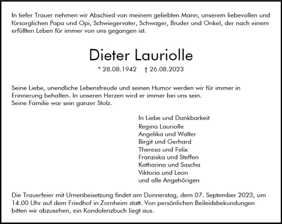 Traueranzeige von Dieter Lauriolle von Allgemeine Zeitung Mainz