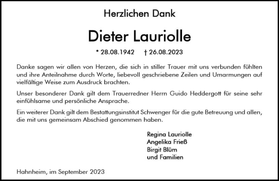 Traueranzeige von Dieter Lauriolle von Allgemeine Zeitung Mainz