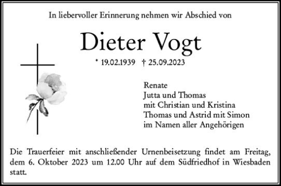 Traueranzeige von Dieter Vogt von Wiesbadener Kurier