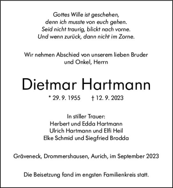 Traueranzeige von Dietmar Hartmann von Weilburger Tageblatt
