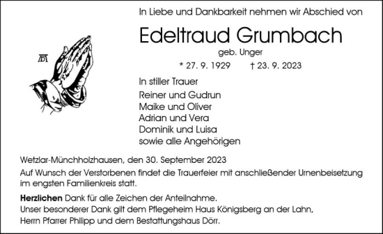 Traueranzeige von Edeltraud Grumbach von Wetzlarer Neue Zeitung