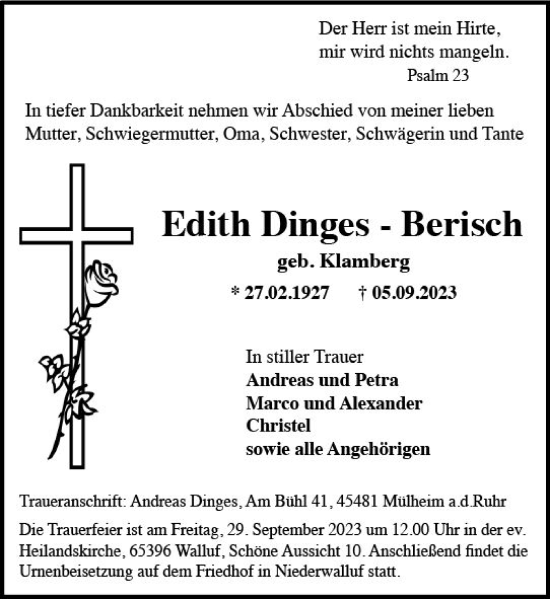Traueranzeige von Edith Dinges-Berisch von Rheingau Kurier