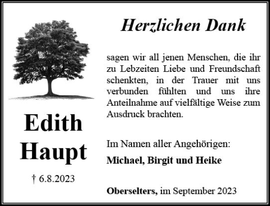 Traueranzeige von Edith Haupt von Camberger Anzeiger
