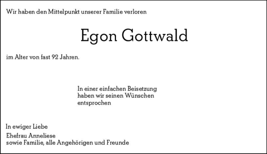 Traueranzeige von Egon Gottwald von Allgemeine Zeitung Mainz