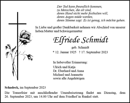 Traueranzeige von Elfriede Schmidt von Weilburger Tageblatt