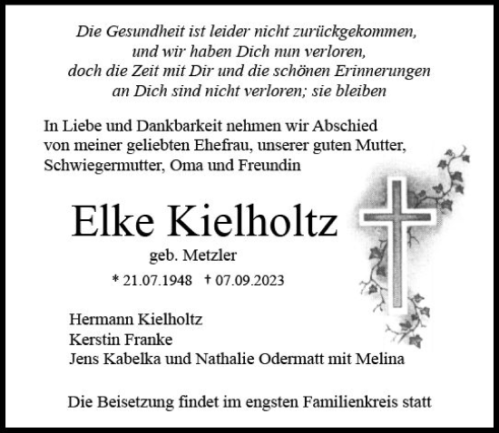 Traueranzeige von Elke Kielholtz von Dill Block