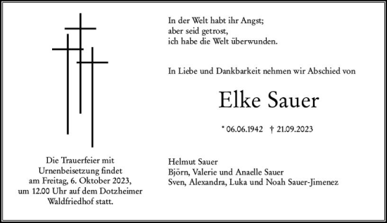 Traueranzeige von Elke Sauer von Wiesbadener Kurier