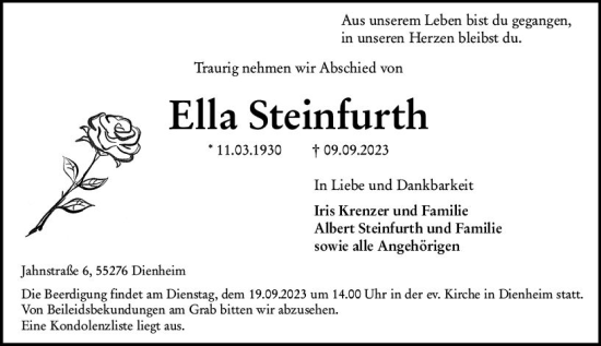 Traueranzeige von Ella Steinfurth von Allgemeine Zeitung Mainz