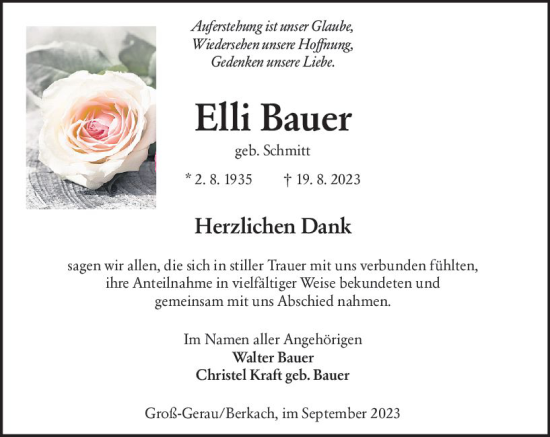 Traueranzeige von Elli Bauer von Groß-Gerauer Echo