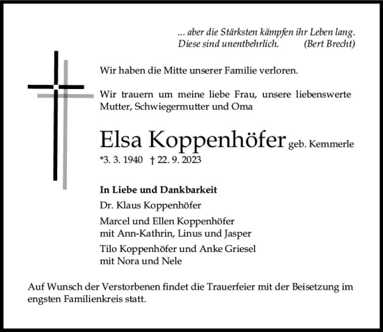 Traueranzeige von Elsa Koppenhöfer von Allgemeine Zeitung Mainz