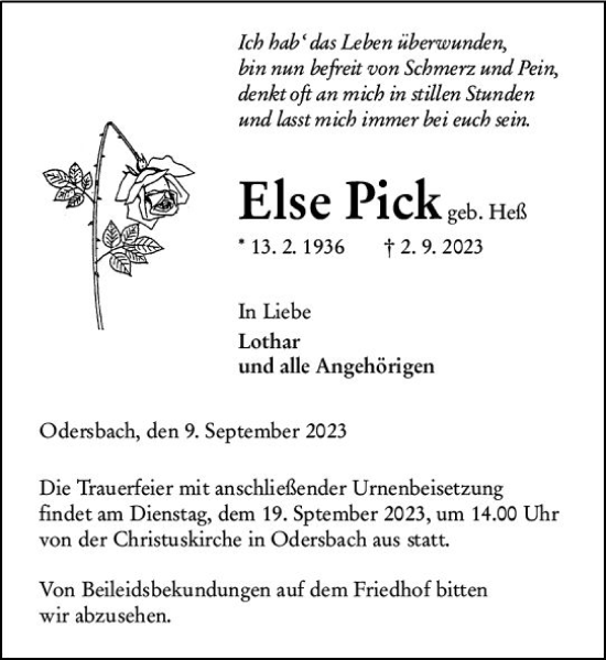 Traueranzeige von Else Pick von Weilburger Tageblatt