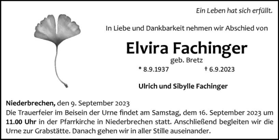 Traueranzeige von Elvira Fachinger von Camberger Anzeiger