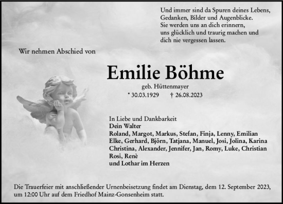 Traueranzeige von Emilie Böhme von Allgemeine Zeitung Mainz