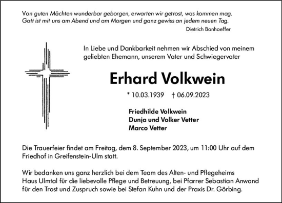 Traueranzeige von Erhard Volkwein von Wetzlarer Neue Zeitung