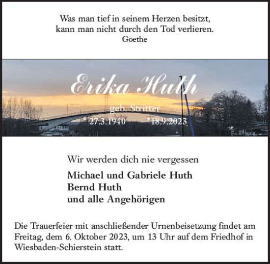 Traueranzeige von Erika Huth von Wiesbadener Kurier