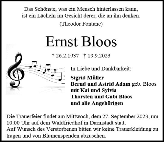 Traueranzeige von Ernst Bloos von Darmstädter Echo