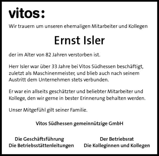 Traueranzeige von Ernst Isler von Groß-Gerauer Echo