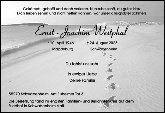 Traueranzeige von Ernst-Joachim Westphal von Allgemeine Zeitung Bingen/Ingelheim