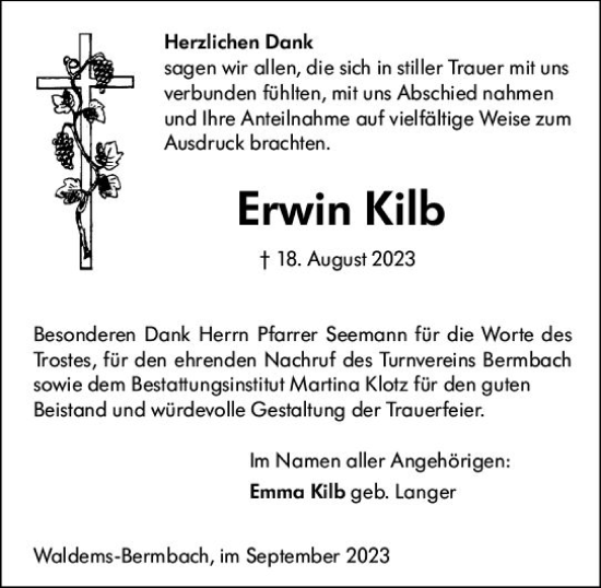 Traueranzeige von Erwin Kilb von Camberger Anzeiger