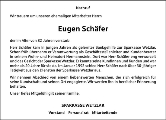 Traueranzeige von Eugen Schäfer von Wetzlarer Neue Zeitung