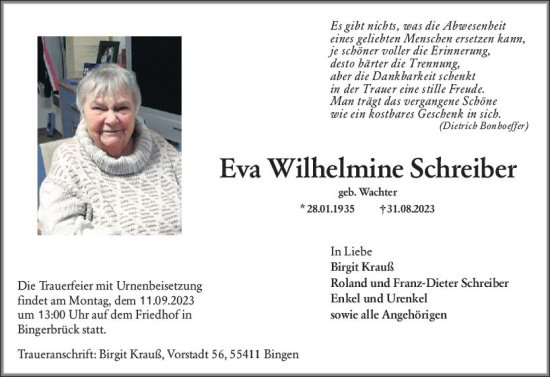 Traueranzeige von Eva Wilhelmine Schreiber von Bingen/Ingelheim WOBL inkl. Neue Binger Ztg.