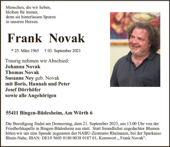 Traueranzeige von Frank Novak von Allgemeine Zeitung Bingen/Ingelheim