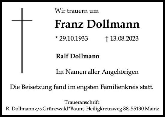 Traueranzeige von Franz Dollmann von Allgemeine Zeitung Mainz