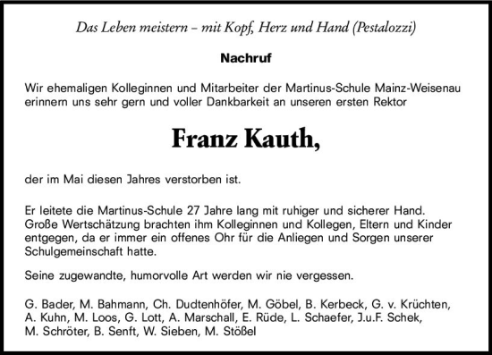 Traueranzeige von Franz Kauth von Allgemeine Zeitung Mainz