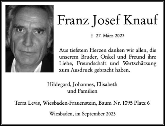Traueranzeige von Franz Josef Knauf von Wiesbadener Kurier