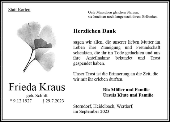 Traueranzeige von Frieda Kraus von Oberhessen Kurier