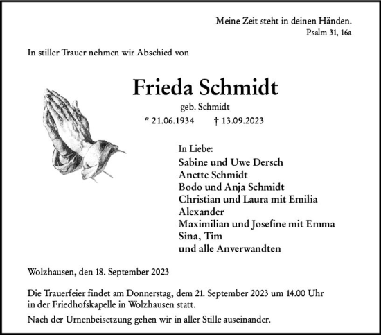 Traueranzeige von Frieda Schmidt von Hinterländer Anzeiger
