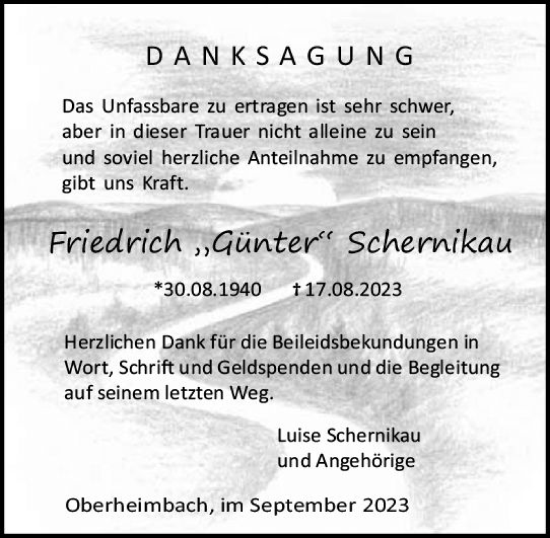 Traueranzeige von Friedrich Schernikau von Allgemeine Zeitung Bingen/Ingelheim