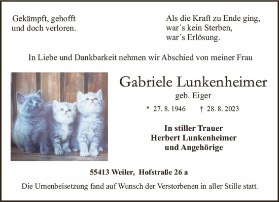 Traueranzeige von Gabriele Lunkenheimer von Allgemeine Zeitung Bingen/Ingelheim
