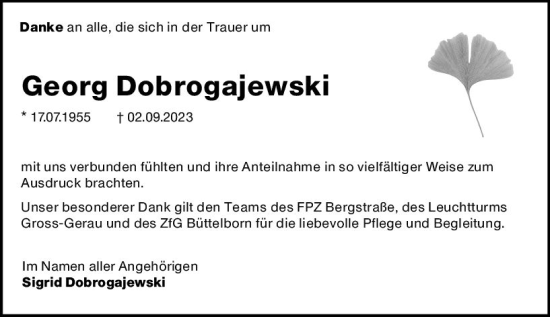 Traueranzeige von Georg Dobrogajewski von Groß-Gerauer Echo