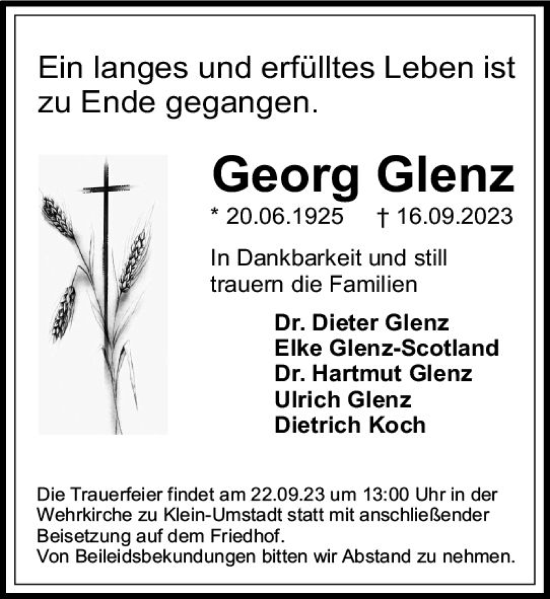 Traueranzeige von Georg Glenz von Odenwälder Echo