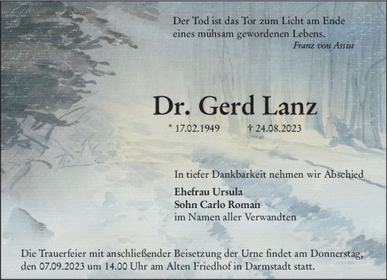 Traueranzeige von Gerd Lanz von Darmstädter Echo