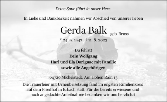 Traueranzeige von Gerda Balk von Odenwälder Echo