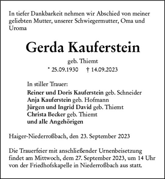 Traueranzeige von Gerda Kauf von Dill Block
