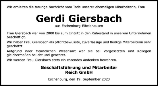 Traueranzeige von Gerdi Giersbach von Dill Block