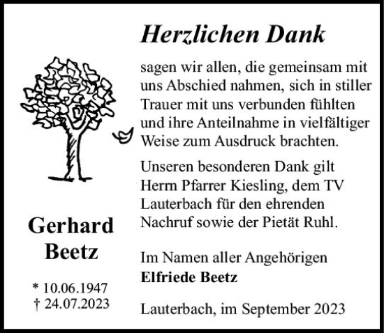 Traueranzeige von Gerhard Beetz von VRM Trauer
