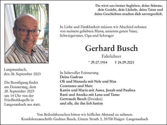 Traueranzeige von Gerhard Busch von Dill Block