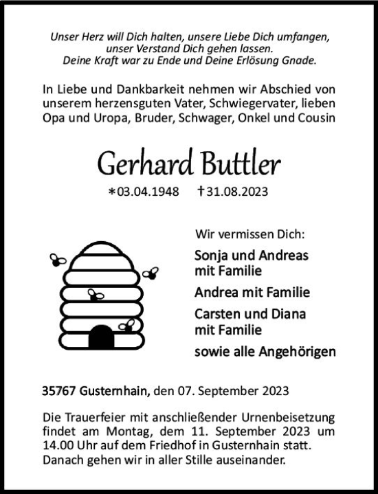 Traueranzeige von Gerhard Buttler von Dill Block