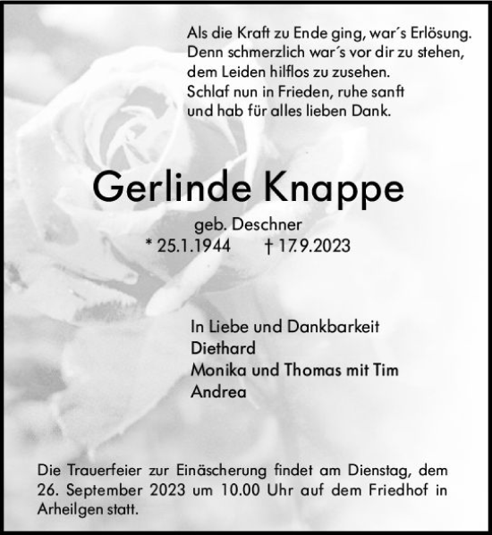 Traueranzeige von Gerlinde Knappe von Darmstädter Echo