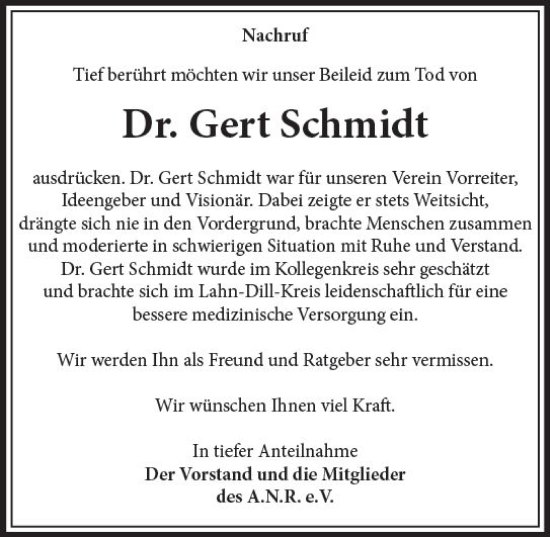 Traueranzeige von Gert Schmidt von Wetzlarer Neue Zeitung