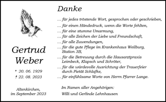 Traueranzeige von Gertrud Weber von Wetzlarer Neue Zeitung