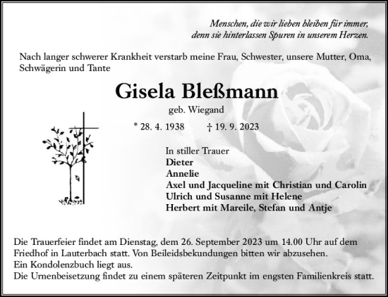 Traueranzeige von Gisela Bleßmann von VRM Trauer